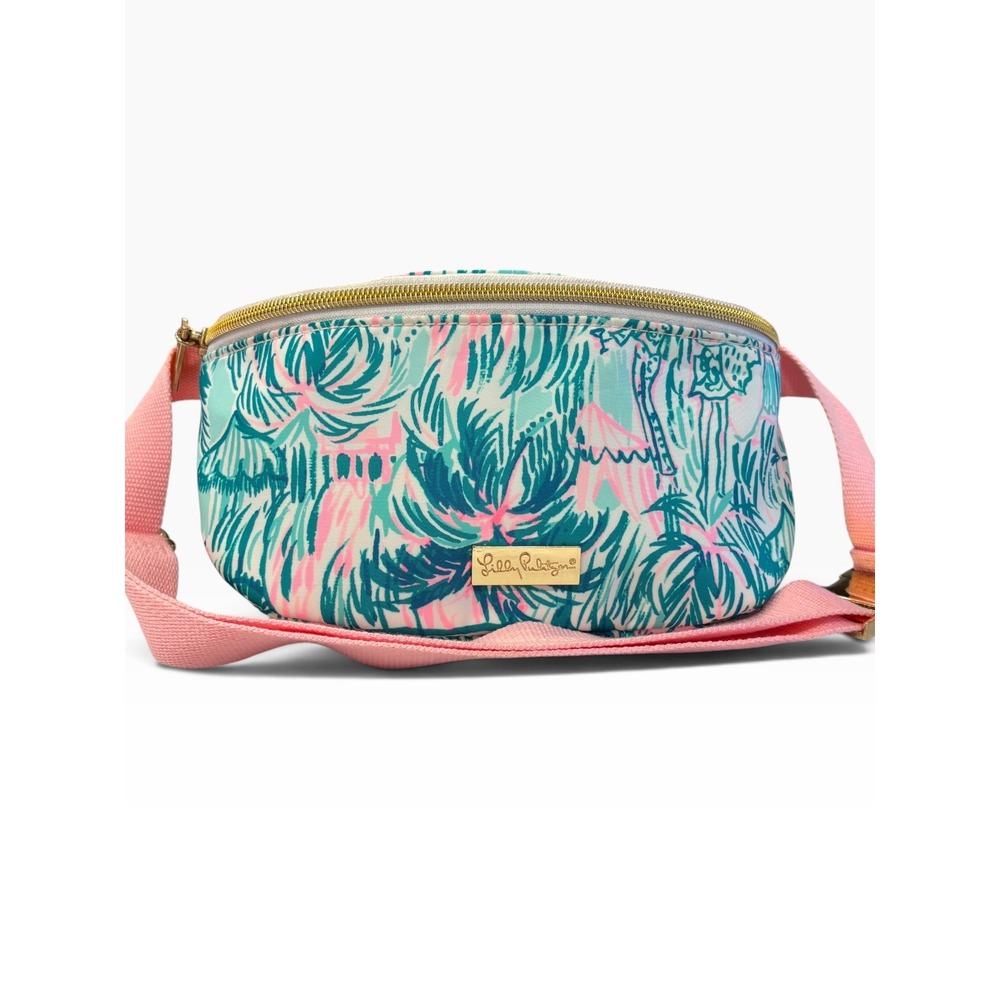Lilly Pulitzer Belt Bag Pink Teal Tropical Print Gold Hardware Fanny Pack